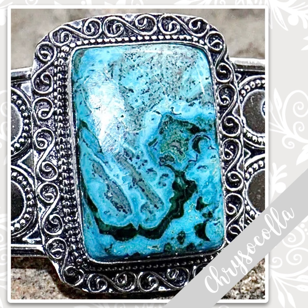 Chrysocolla Silver Artisan Bangle Cuff Bracelet, 6.5โ Adjustable, Turquoise Blue - Picture 2 of 2